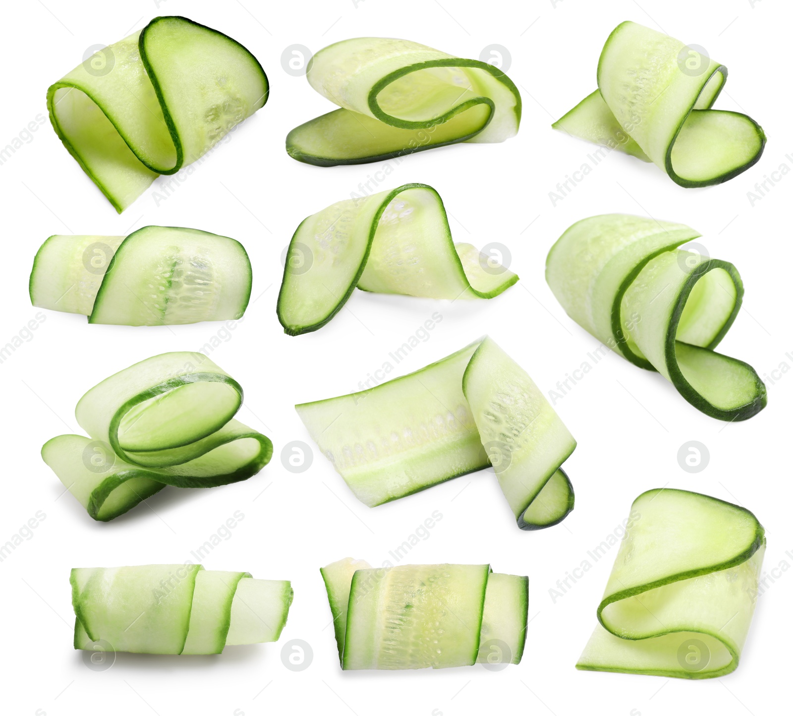 Image of Thinly sliced cucumbers isolated on white, collage