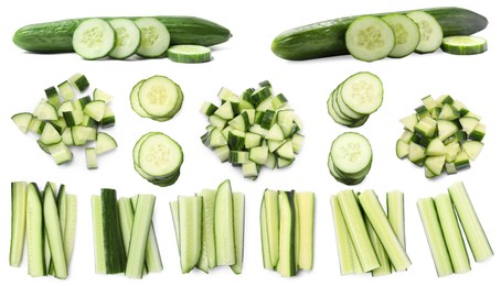 Image of Fresh cucumbers isolated on white, collage. Different types of cuts