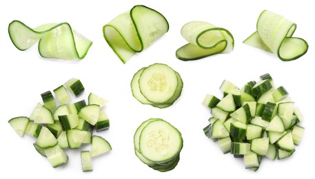 Fresh cucumbers isolated on white, collage. Different types of cuts