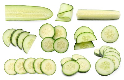 Fresh cucumbers isolated on white, collage. Different types of cuts