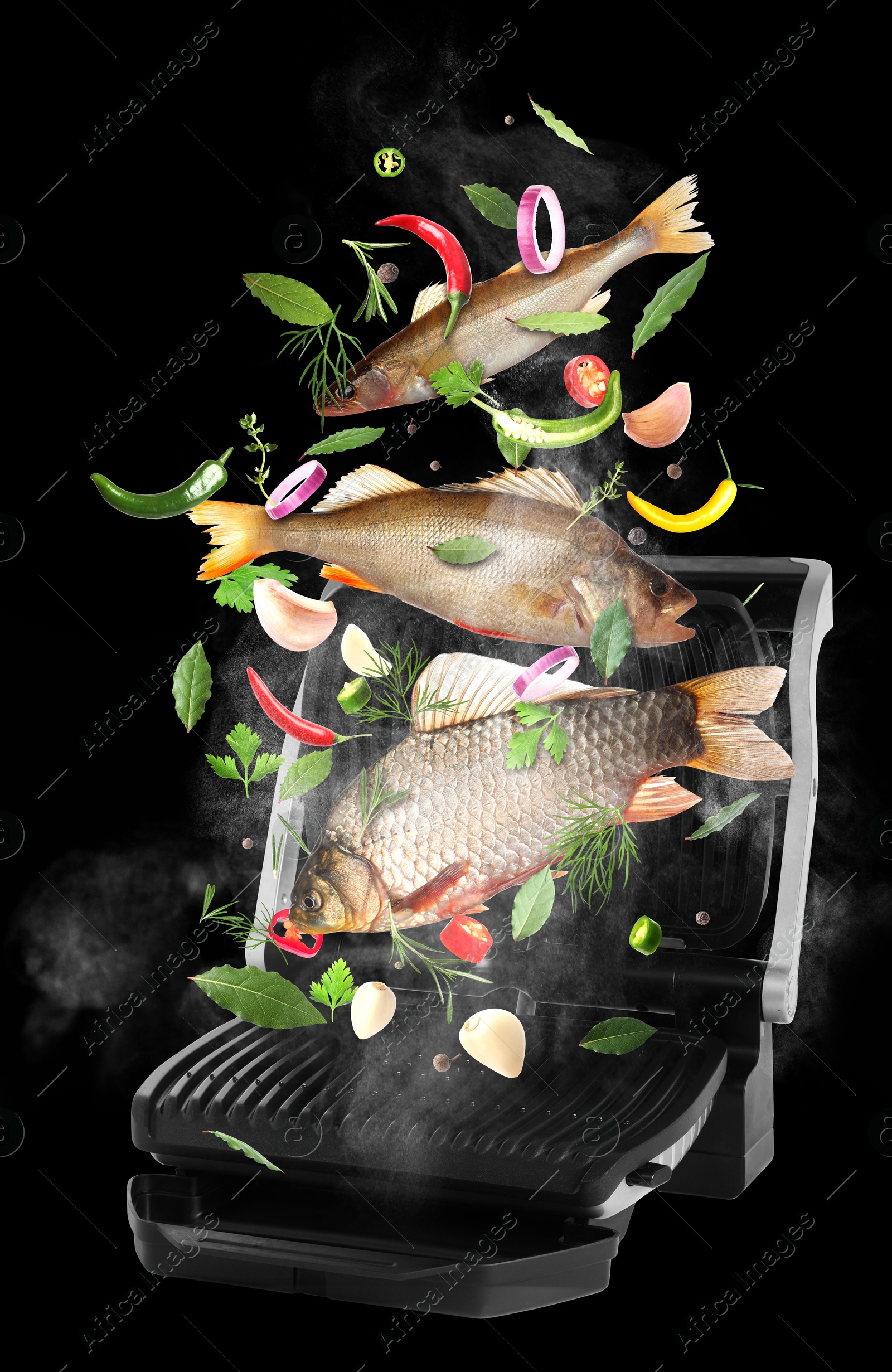 Image of Sea food, vegetables, herbs and spices falling onto electric grill against black background. Cooking meal