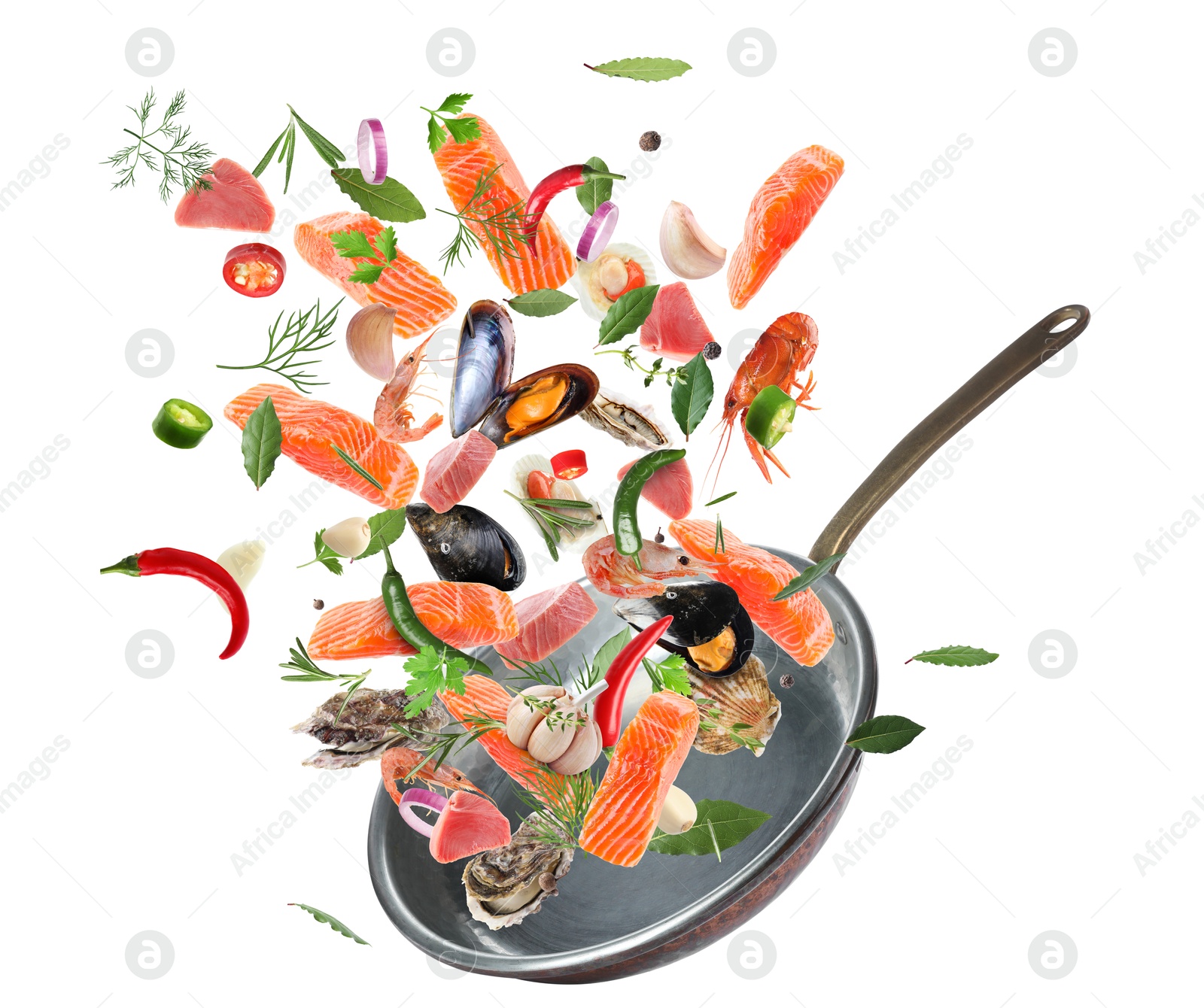 Image of Sea food, vegetables, herbs, spices and frying pan in air on white background. Cooking meal