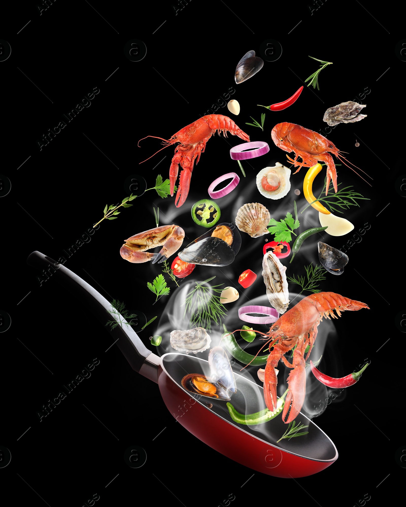 Image of Sea food, vegetables, herbs, spices and frying pan in air on black background. Cooking meal