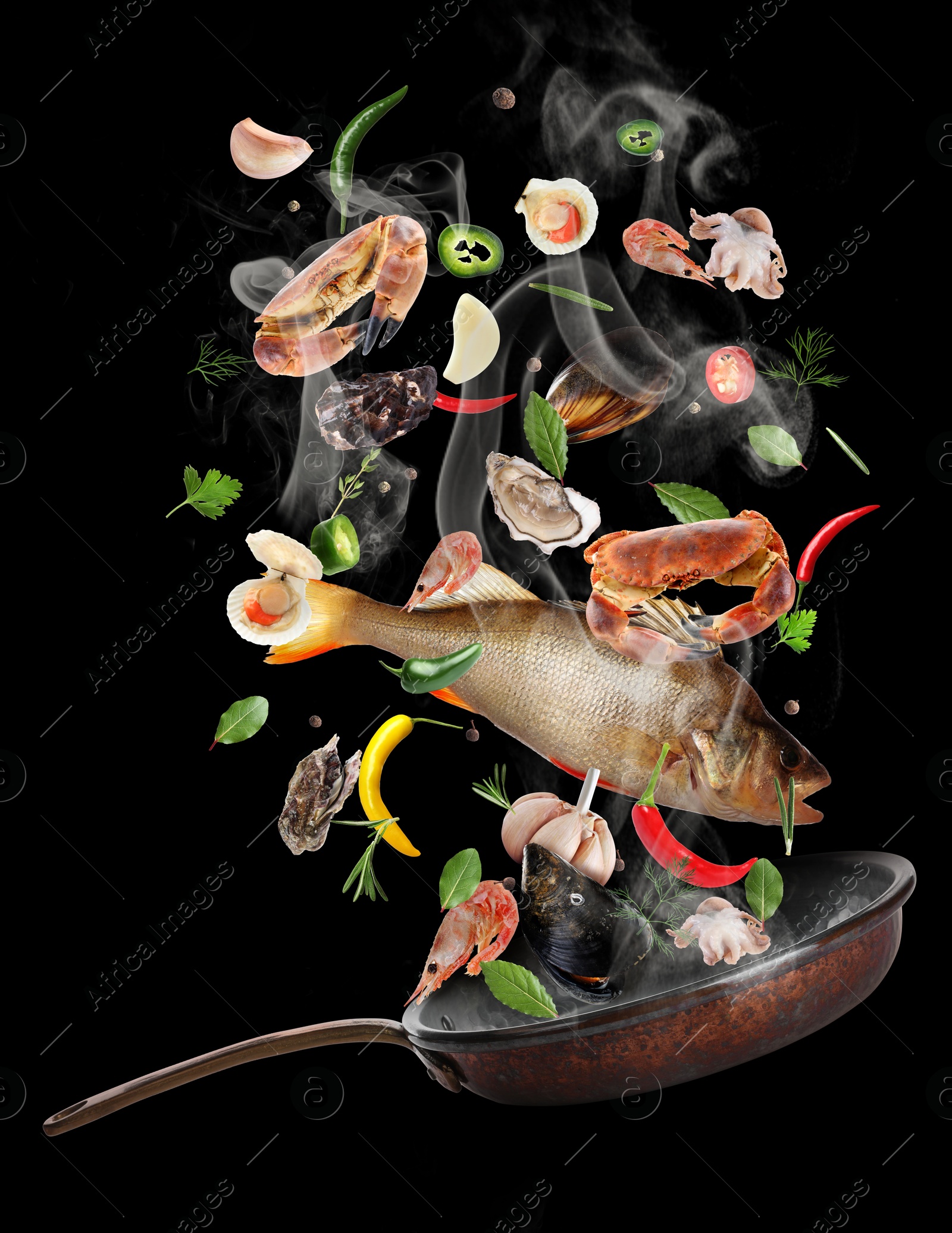 Image of Sea food, vegetables, herbs, spices and frying pan in air on black background. Cooking meal