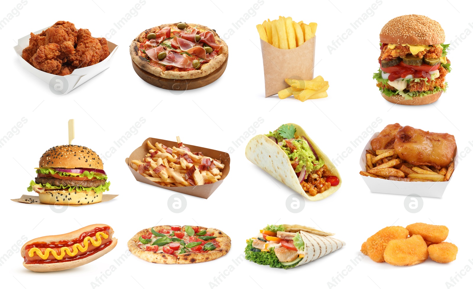 Image of Different tasty fast food isolated on white, collection