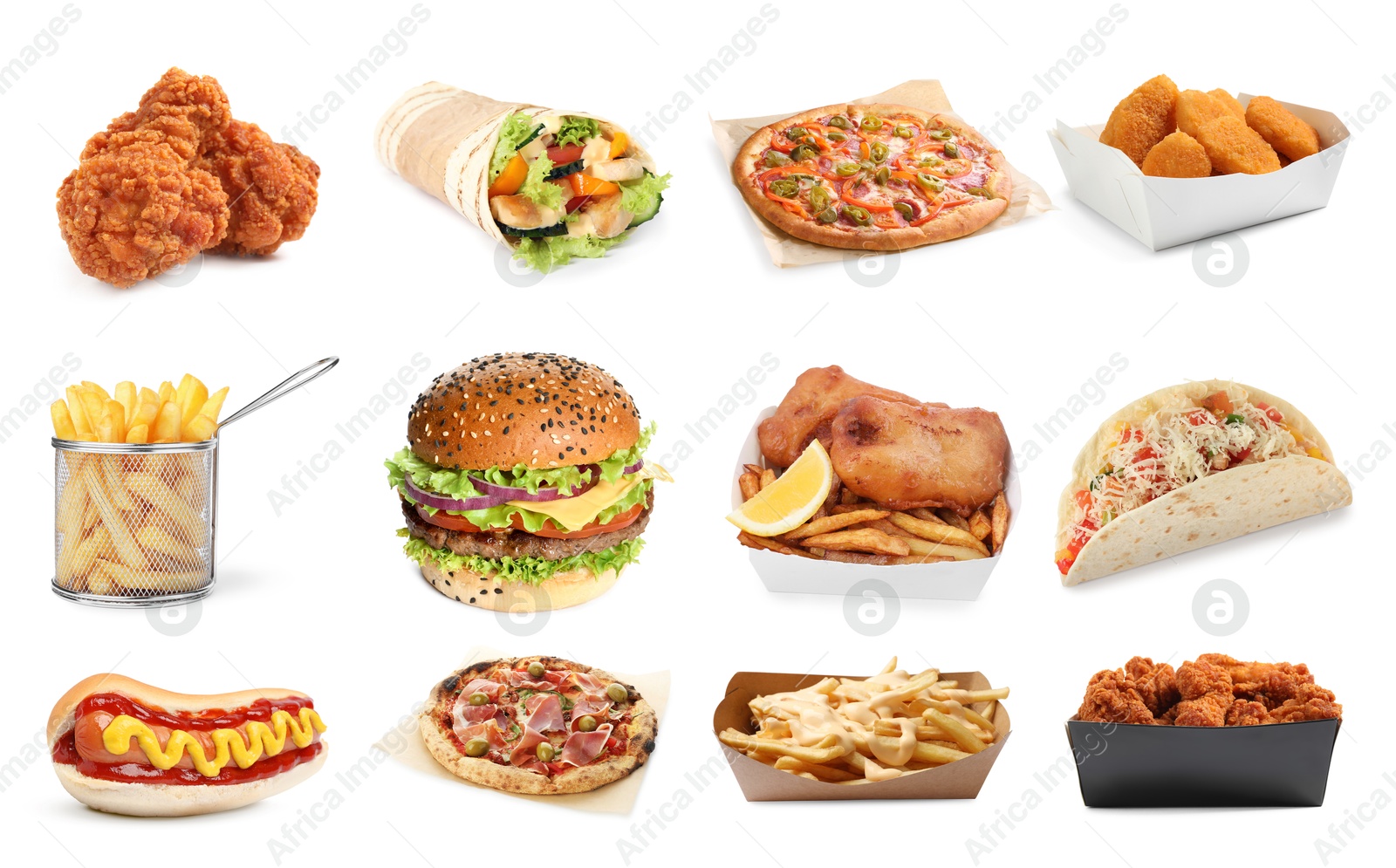 Image of Different tasty fast food isolated on white, collection