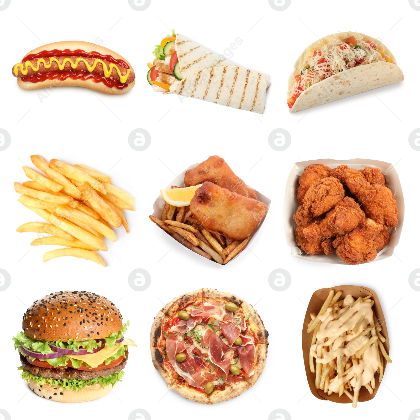 Image of Different tasty fast food isolated on white, collection