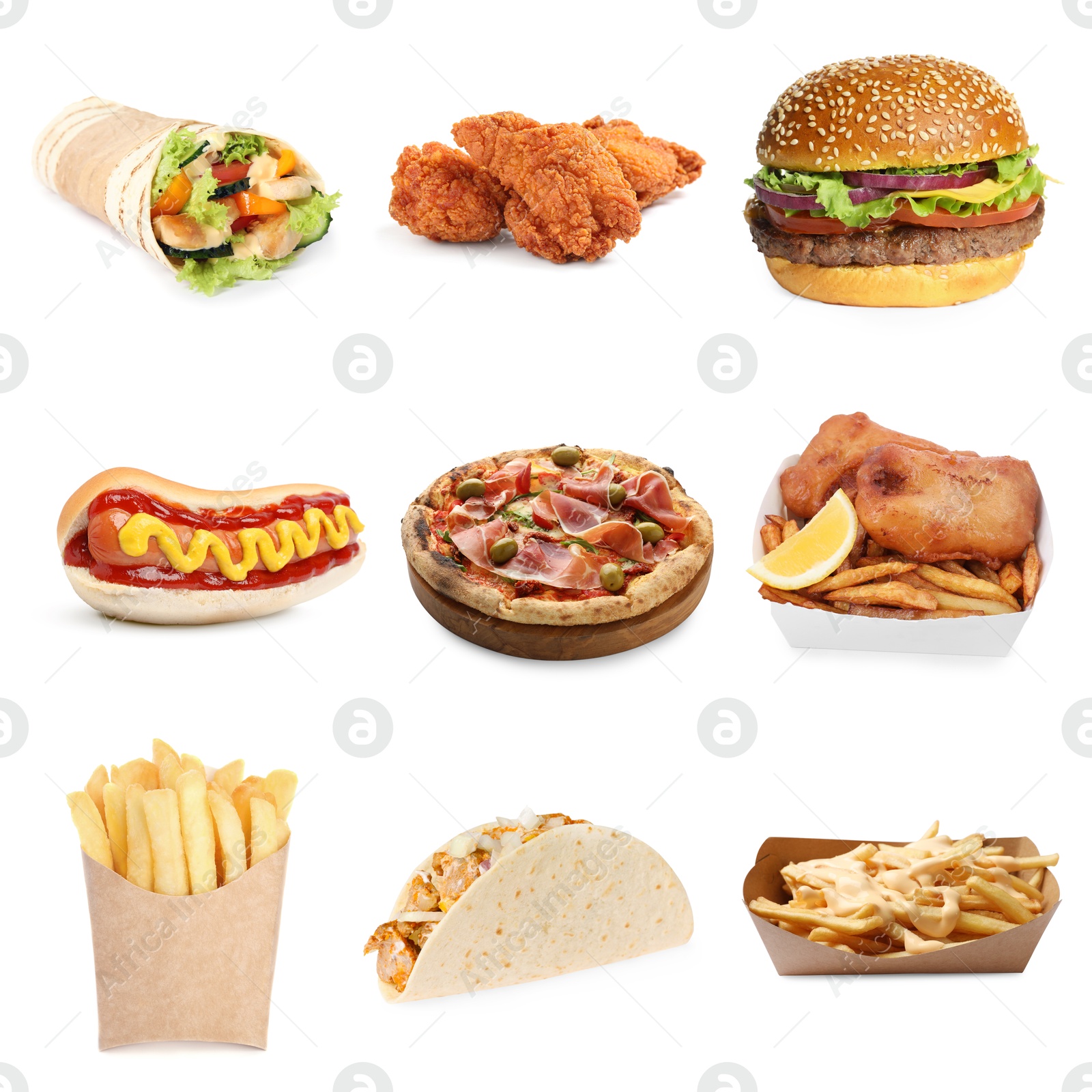 Image of Different tasty fast food isolated on white, collection