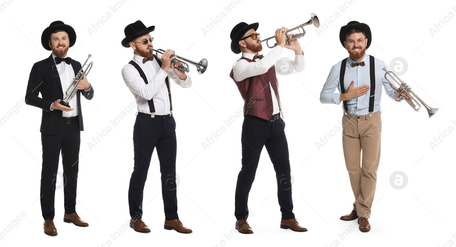 Image of Man playing trumpet isolated on white. Collection of photos