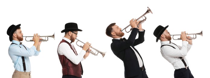 Man playing trumpet isolated on white. Collection of photos