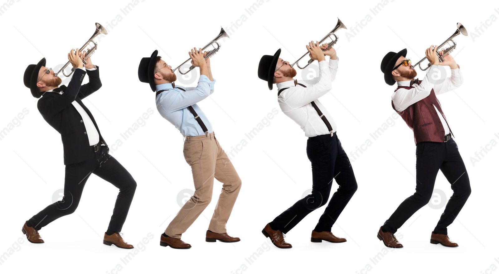 Image of Man playing trumpet isolated on white. Collection of photos