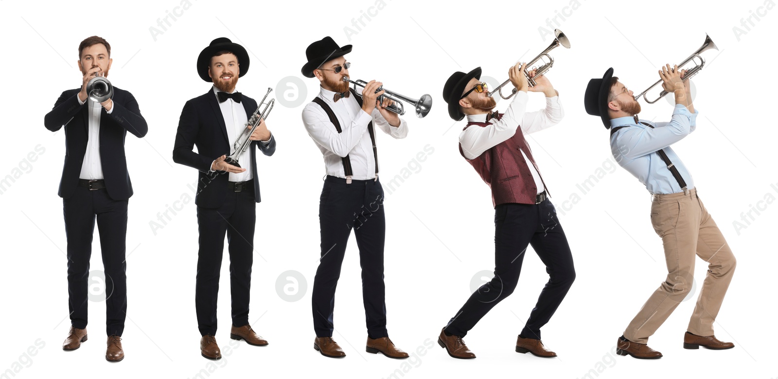 Image of Man playing trumpet isolated on white. Collection of photos