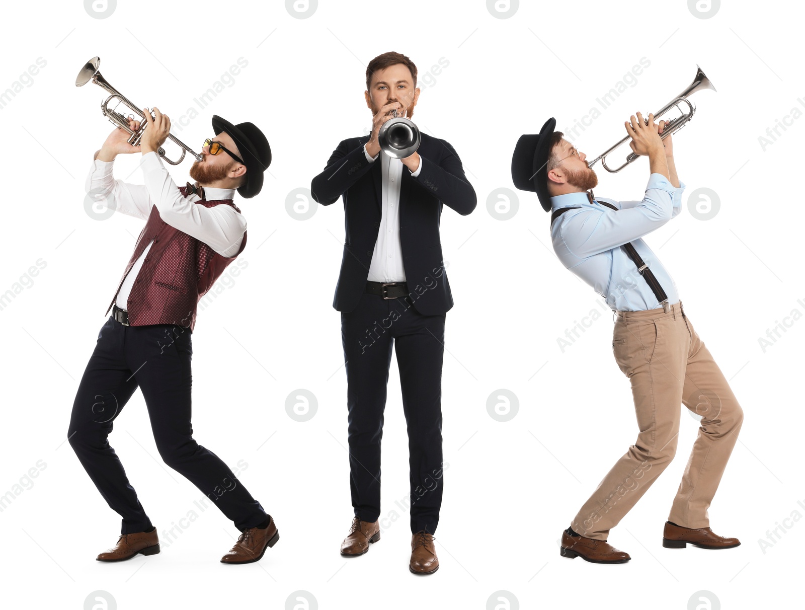 Image of Man playing trumpet isolated on white. Collection of photos