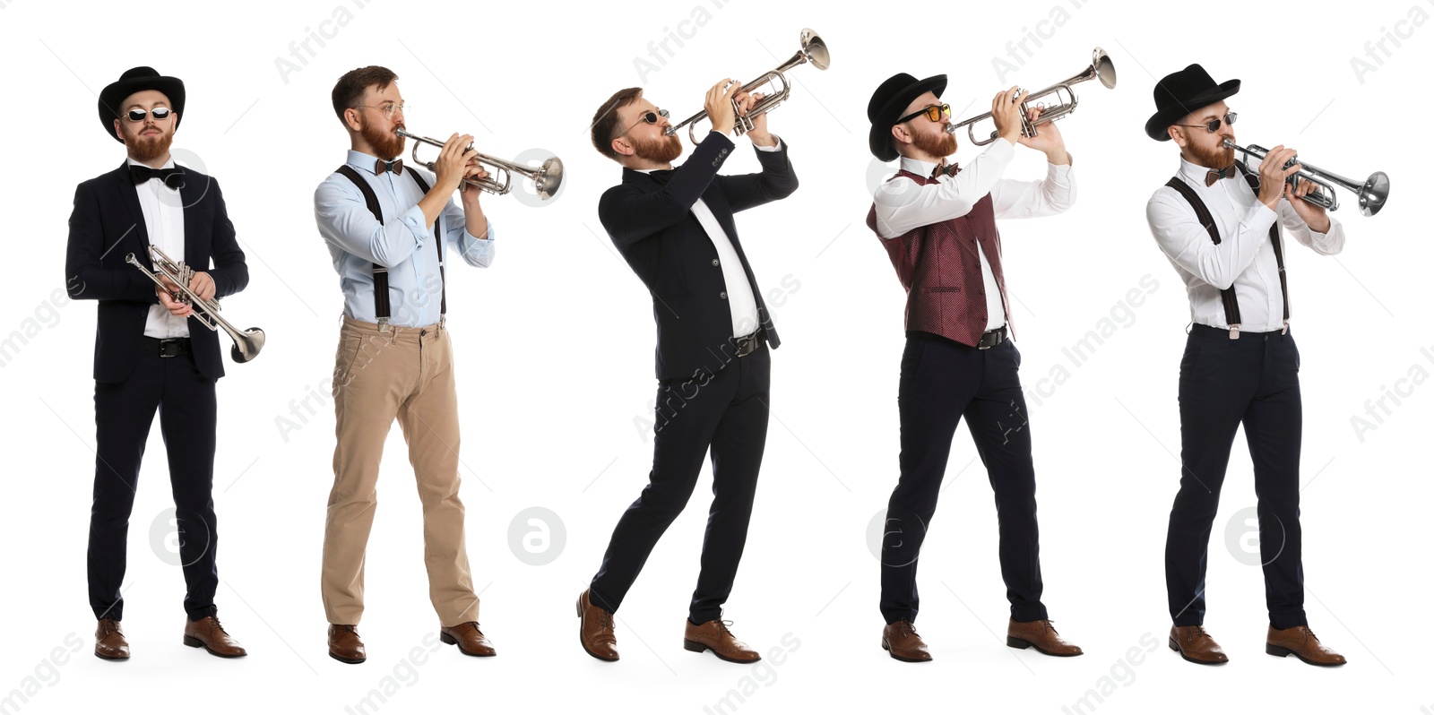 Image of Man playing trumpet isolated on white. Collection of photos