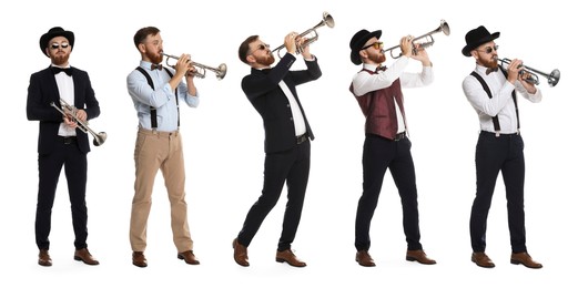 Man playing trumpet isolated on white. Collection of photos