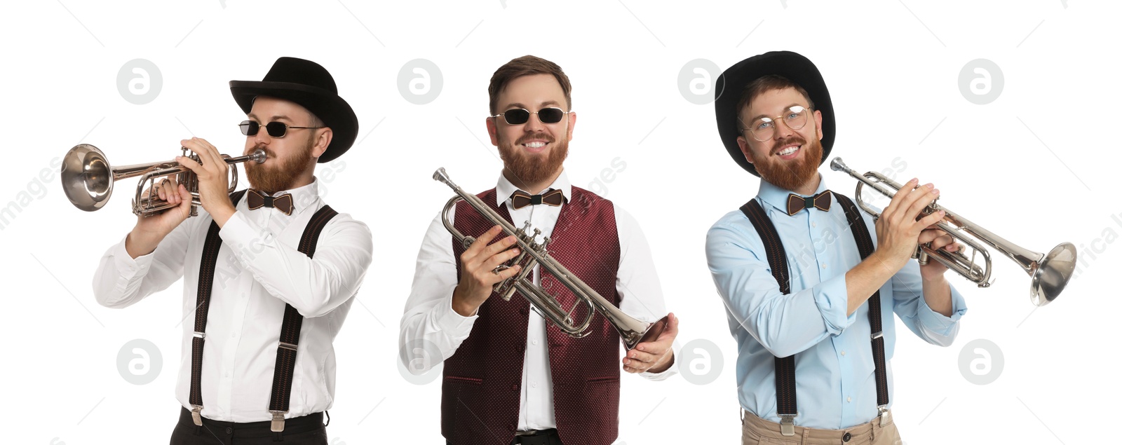 Image of Man playing trumpet isolated on white. Collection of photos