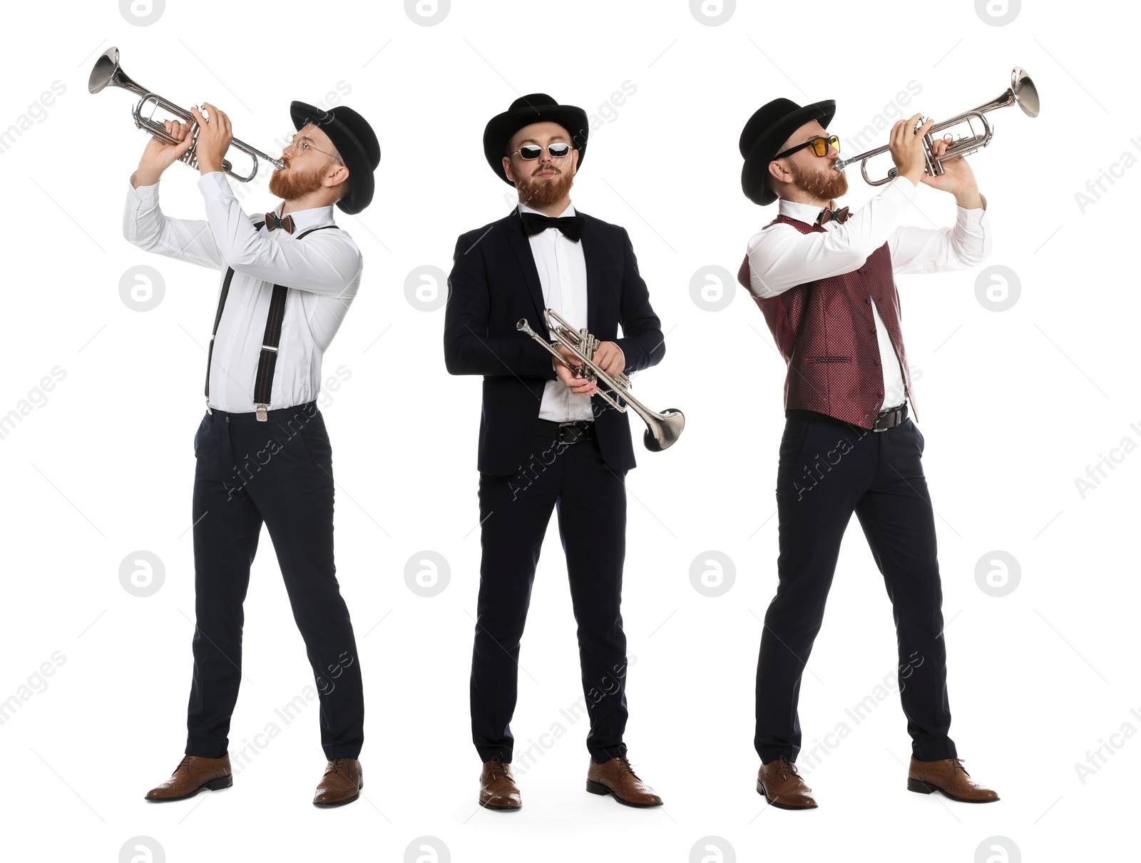 Image of Man playing trumpet isolated on white. Collection of photos