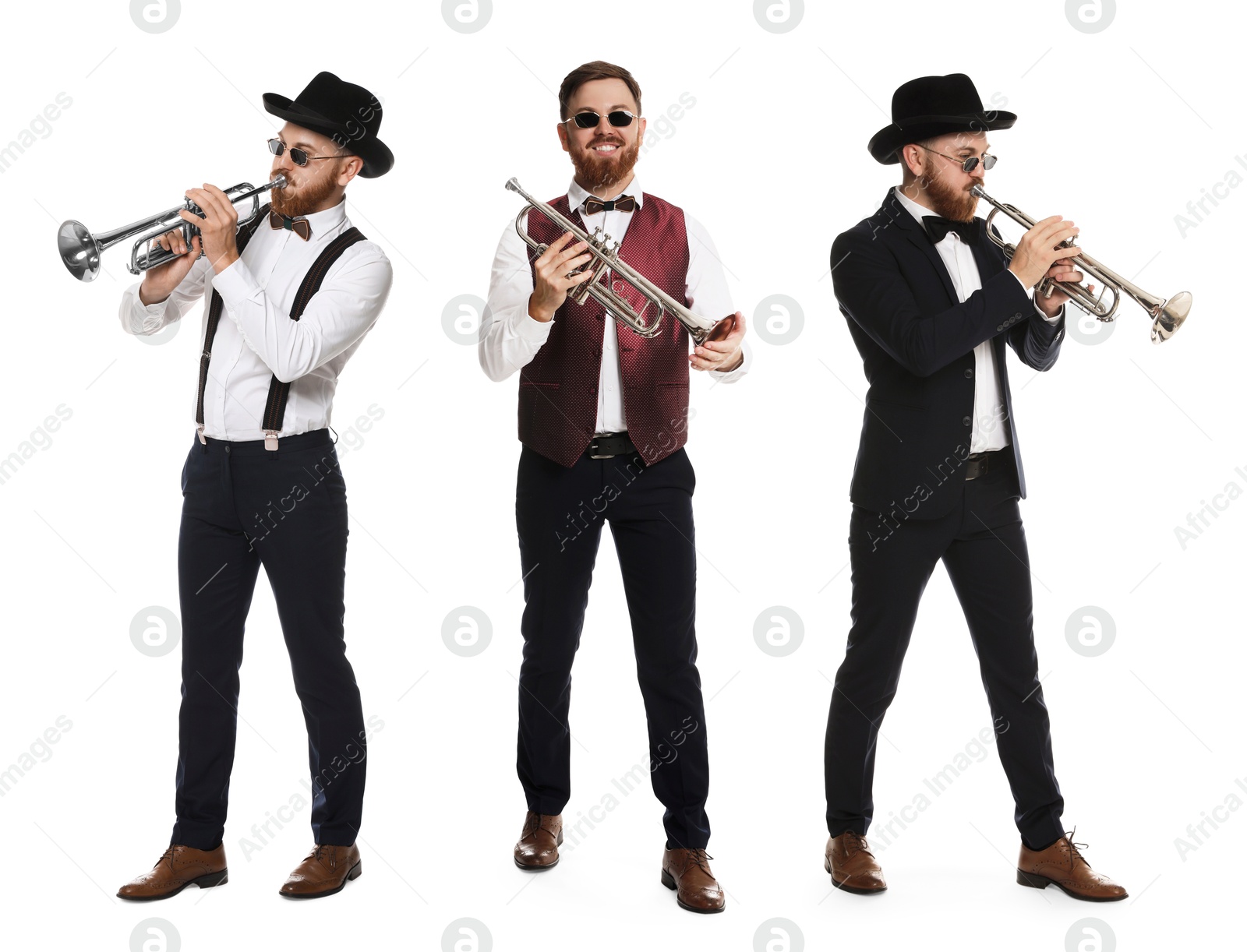 Image of Man playing trumpet isolated on white. Collection of photos