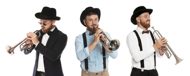 Man playing trumpet isolated on white. Collection of photos