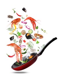 Image of Sea food, vegetables, herbs, spices and frying pan in air on white background. Cooking meal