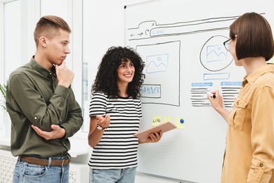 Developing UI design. People drawing website wireframe on whiteboard indoors