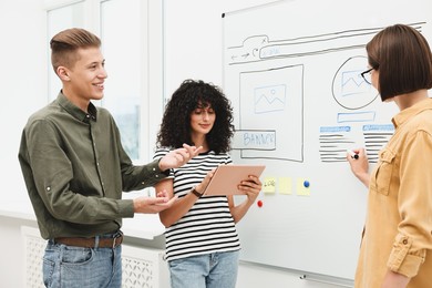 Developing UI design. People drawing website wireframe on whiteboard indoors