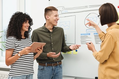 Photo of Developing UI design. People drawing website wireframe on whiteboard indoors