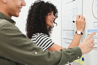 Photo of Developing UI design. Man and woman drawing website wireframe on whiteboard indoors