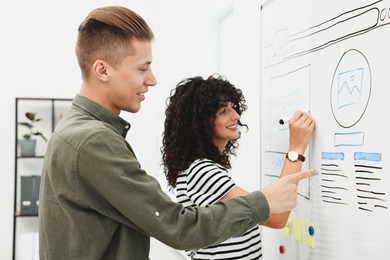 Developing UI design. Man and woman drawing website wireframe on whiteboard indoors