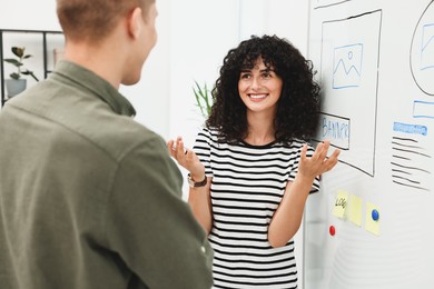 Developing UI design. Man and woman drawing website wireframe on whiteboard indoors