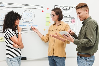 Developing UI design. People drawing website wireframe on whiteboard indoors