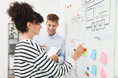 Developing UI design. Man and woman drawing website wireframe on whiteboard indoors