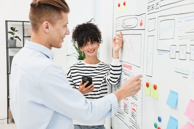 Developing UI design. Man and woman drawing website wireframe on whiteboard indoors