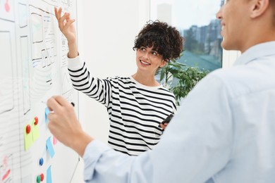 Developing UI design. Man and woman drawing website wireframe on whiteboard indoors