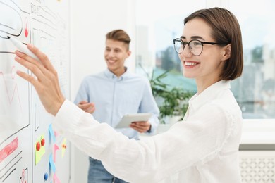 Photo of Developing UI design. Man and woman drawing website wireframe on whiteboard indoors