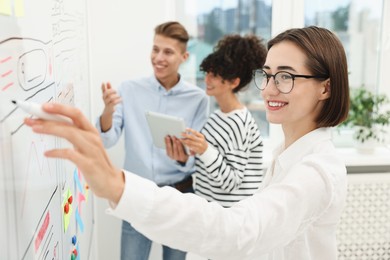 Developing UI design. People drawing website wireframe on whiteboard indoors