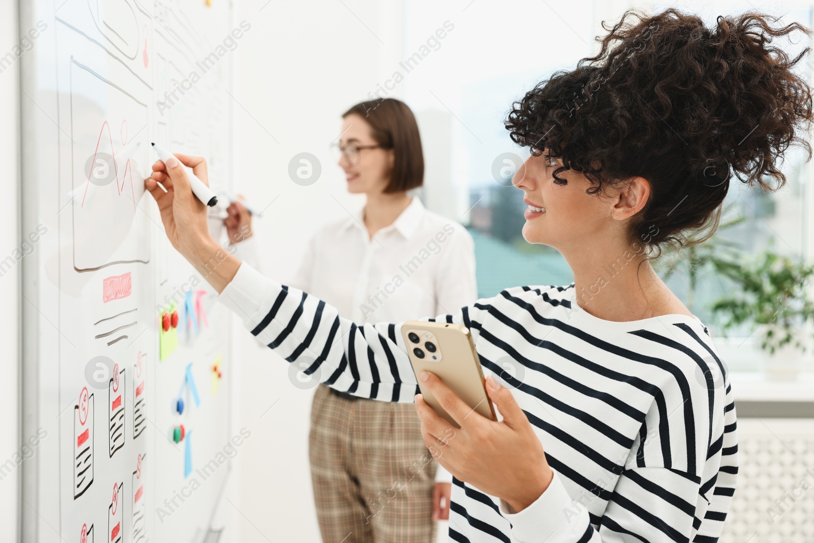 Photo of Developing UI design. Women drawing website wireframe on whiteboard indoors