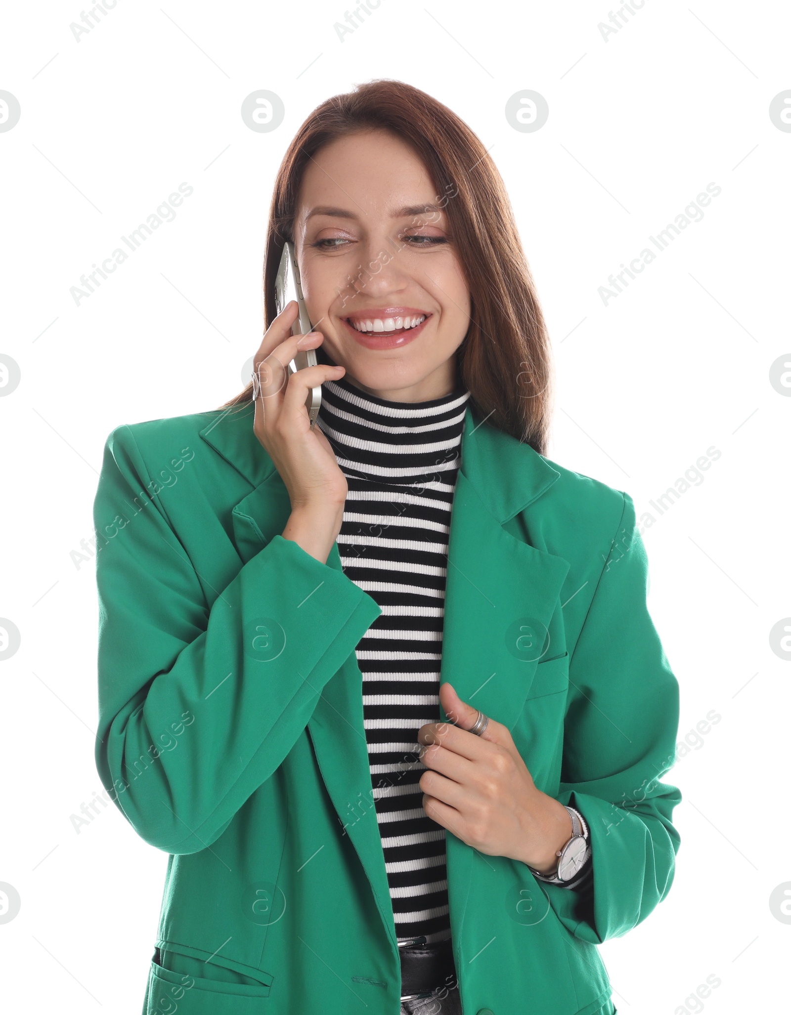 Photo of Beautiful woman in stylish green jacket talking on phone against white background