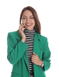 Beautiful woman in stylish green jacket talking on phone against white background