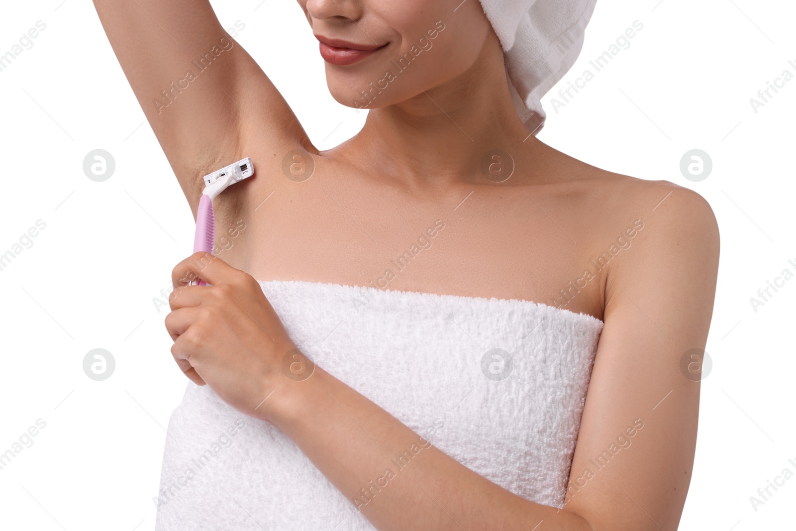 Photo of Woman shaving armpit on white background, closeup