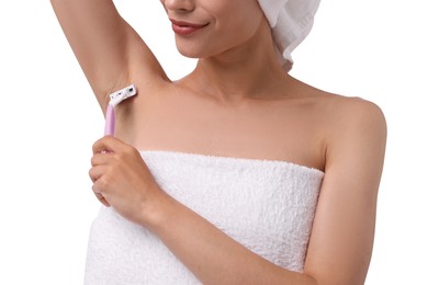 Photo of Woman shaving armpit on white background, closeup