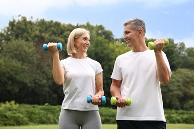 Happy couple doing exercise with dumbbells in park