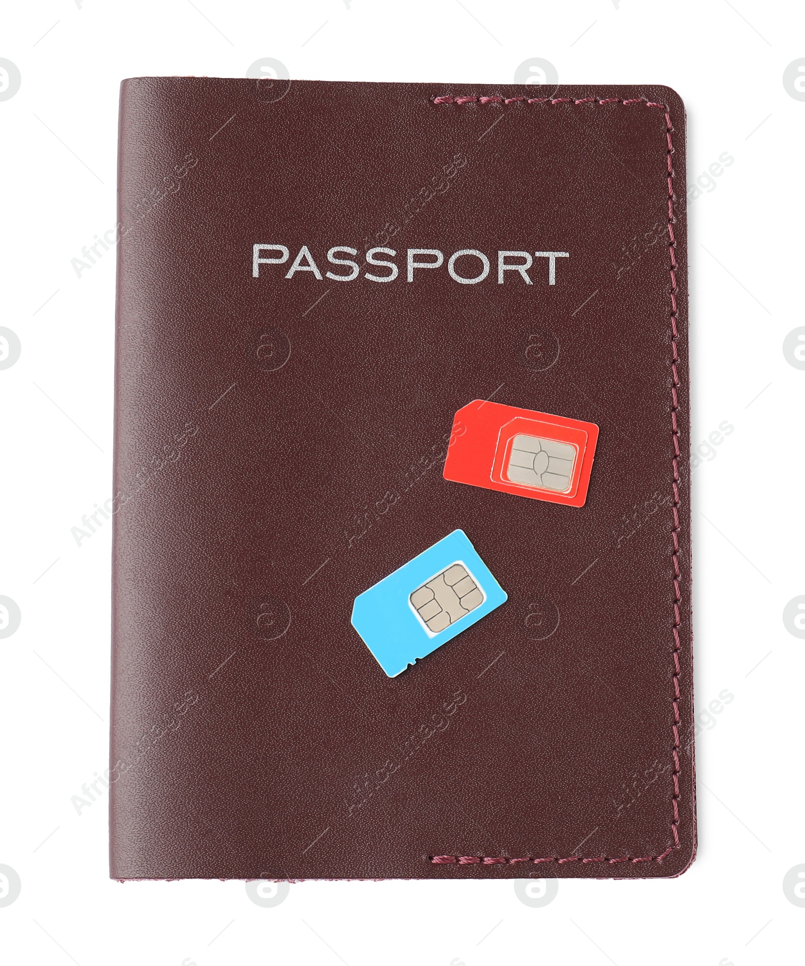 Photo of Passport and SIM cards isolated on white, top view