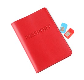 Photo of Passport and SIM cards isolated on white, top view