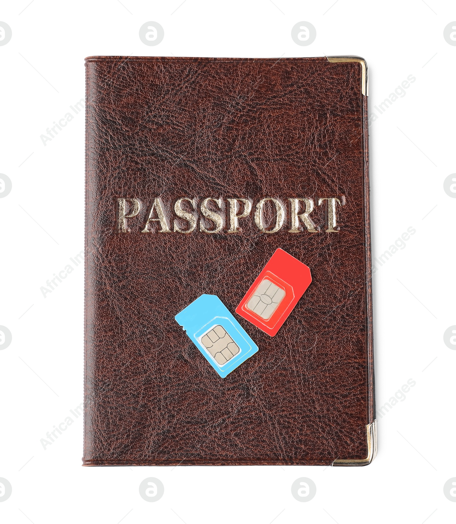 Photo of Passport and SIM cards isolated on white, top view