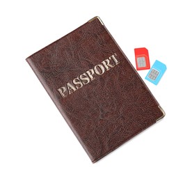 Photo of Passport and SIM cards isolated on white, top view