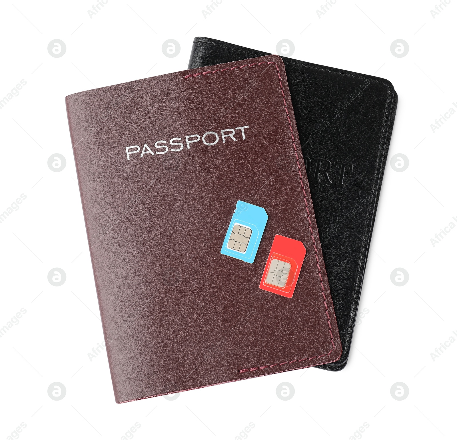 Photo of Passports and SIM cards isolated on white, top view