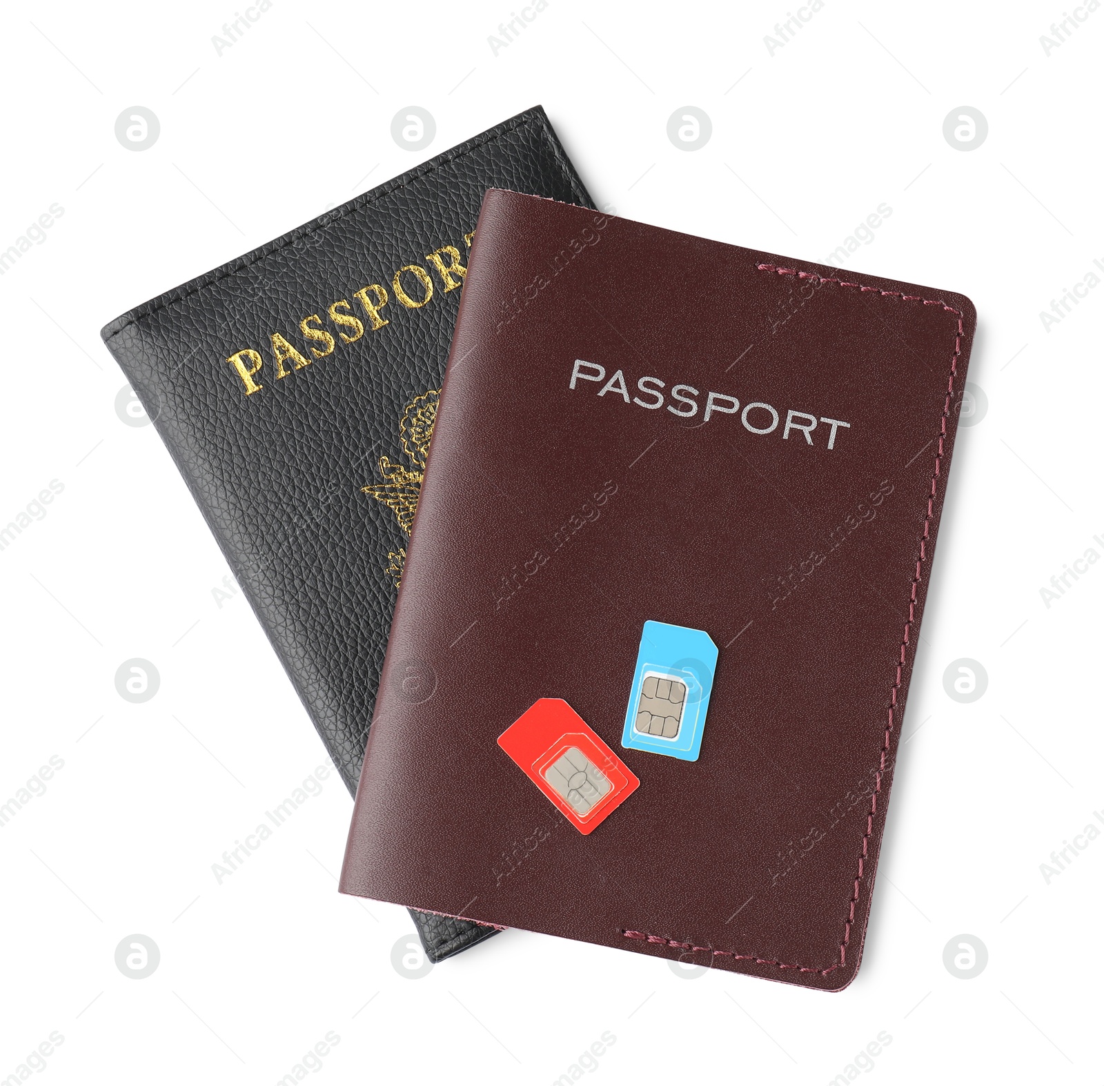 Photo of Passports and SIM cards isolated on white, top view