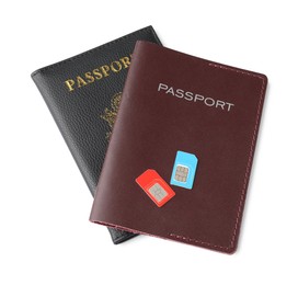 Photo of Passports and SIM cards isolated on white, top view