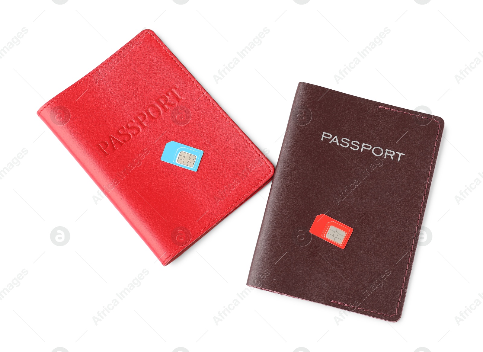 Photo of Passports and SIM cards isolated on white, top view